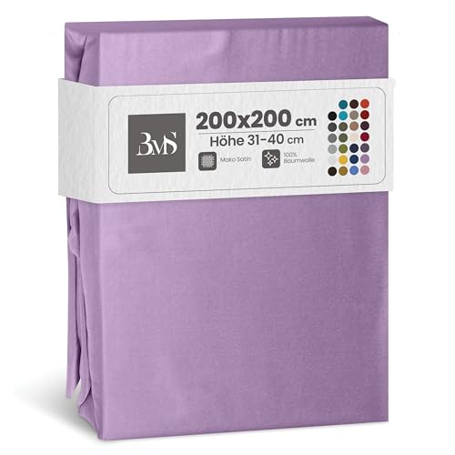 Bettwaesche-mit-Stil Mako Satin Spannbettlaken Spannlaken Spannbetttuch (200x200 cm, Matraztenhöhe Höhe 31-40 cm, Flieder)