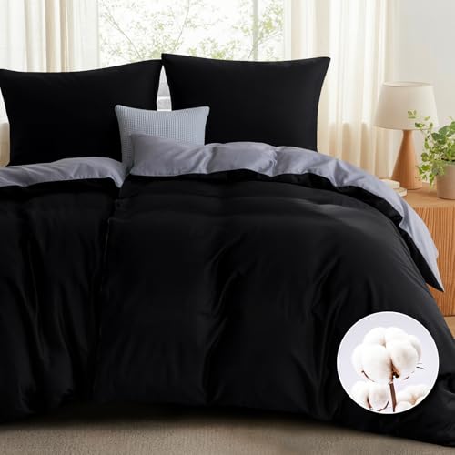 RUIKASI Bettwäsche 135x200 Baumwolle Schwarz- Bettwäsche-Sets 135x200cm 4teilig Wendebettwäsche 4tlg mit Reißverschluss, zweifarbige Bettbezüge 2er Set Schwarz und Grau Cotton