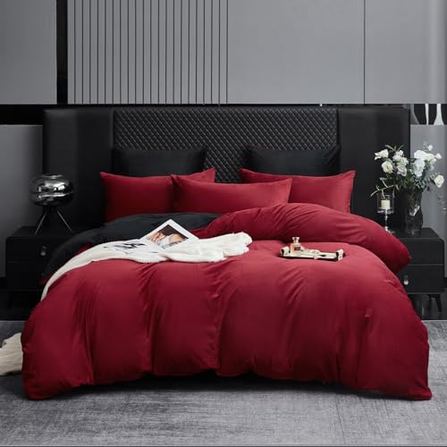 Boqingzhu Flauschige Plüsch Bettwäsche 135x200 cm Rot Schwarz Winter Warm Kuschelig Weich Teddy Fleece Biber Flanell Samt Cashmere Touch Wendebettwäsche Bettbezug Set