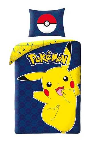 Halantex Wendebettwäsche Pokemon, 100 % Baumwolle, Bettbezug Pikachu, 140 x 200 cm + Kissenbezug 65 x 65 cm, Blau