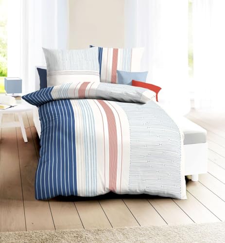 Kaeppel Mako Satin Bettwäsche 2 TLG. Think Indigo Streifen Geometrisch Blau Rot Offwhite Beige