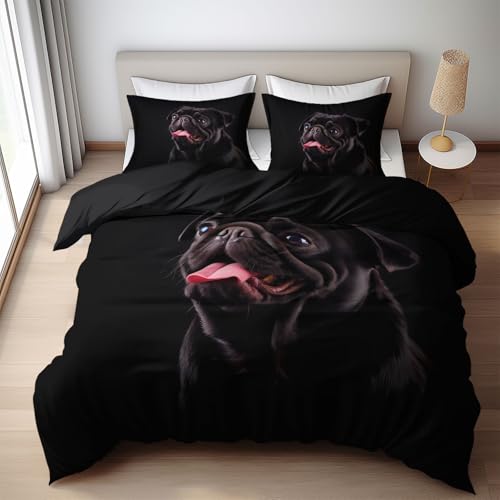 WHUOEUCO Bettwäsche-Set 135x200cm Tierischer Schwarzer Mops 3D Druck Bettbezug & 2 Kissenbezüge, Weich Hypoallergen Bettwäsche 3teilig mit Reißverschluss, für Geschenke Zimmer Deko
