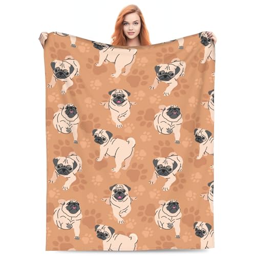 PENGYVV Weiche, warme, gemütliche Decke, niedliches Mops-Geschenk, Mops-Liebhaber, für Wohnzimmer, Bettwäsche, Couch, leicht, niedliche Hundepfoten, Bauernhaus-Dekoration, alle Jahreszeiten, Überwurf