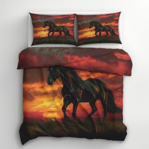 Generisch Bettwäsche Pferd 135x200, Sonnenuntergang Pferde Tier Motiv Wendebettwäsche & Deko, Weiche Microfaser Bettbezug mit Reißverschluss und 1 Kissenbezug 80x80, 2tlg - ASD2001