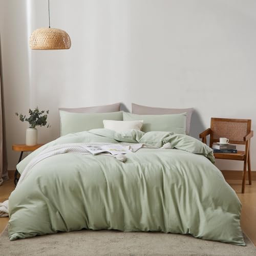 Lanqinglv Doppelte Musselin Bettwäsche 135x200 4 Teilig Baumwolle Leinen,ÖKO-TEX Bettwäsche Lakritzgrün mit Reißverschluss,2 Bettbezug mit Reißverschluss und 2 Kissenbezug 80x80cm