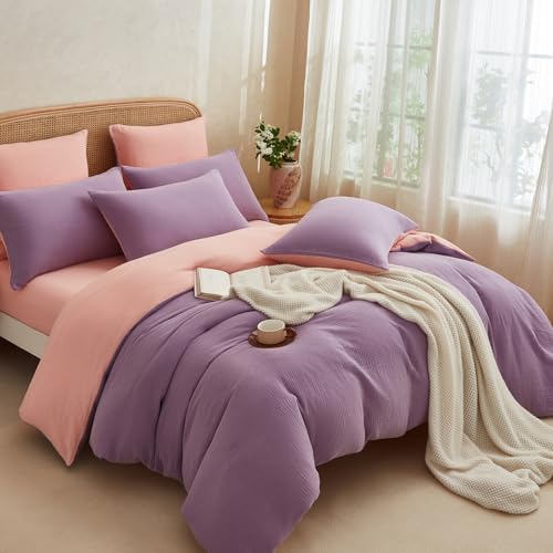 Boqingzhu Muslin Bettwäsche 135x200 cm, 100% Baumwolle, Kühlend, Atmungsaktiv, Lila/Rosa Wendebettwäsche Set mit Reißverschluss, Sommer Bettbezug