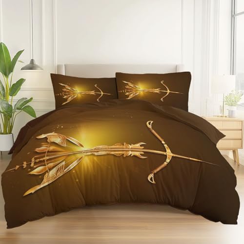 Bettwäsche 220 x 240 cm, Fantasie Abenteuer Retro Pfeil Und Bogen Thema Bettwäsche Geeignet für Jungen und Mädchen Weich und bequem gebürstete Mikrofaser Pflegeleichter Kaffeebraun
