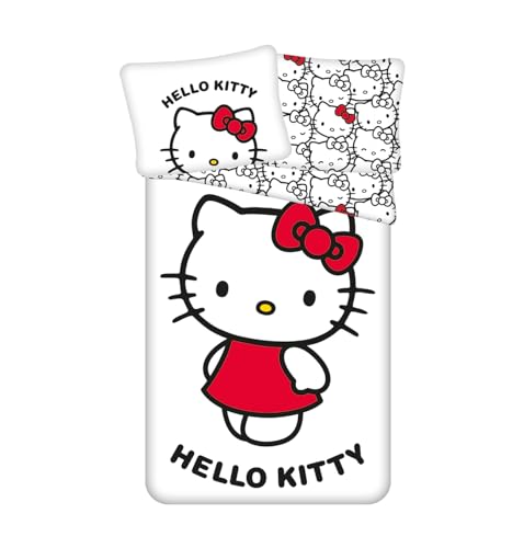 Jerry Fabrics Hello Kitty Bettwäsche-Set, 100% Baumwolle, Bettbezug 135x200 cm, Kopfkissenbezug 80x80 cm, Cartoon-Design, Weiß mit Rot
