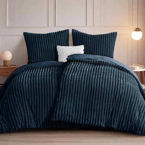 RUIKASI Winter Flanell Bettwäsche 135 x 200 4teilig Blau - Plüsch Warme Flauschig Winterbettwäsche Cord Teddy Fleece Cashmere-Touch Bettbezug mit Reißverschluss und 2 Kissenbezug 80x80cm