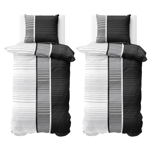 Visaggio 4 teilige Bettwäsche Set 135x200 cm Mikrofaser Bettbezug Anthrazit Grau Gestreift Streifen Bezug