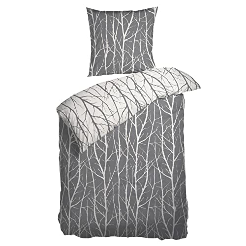 Arctic Bettwäsche 135x200 Satin I Bettbezug aus 100% Baumwolle mit Oeko-Tex Standard 100 I Bettzeug 2tlg., inkl. Kissenbezug 80x80 I Nordisches Design aus Dänemark, Zweig-Muster in Grau-Weiß