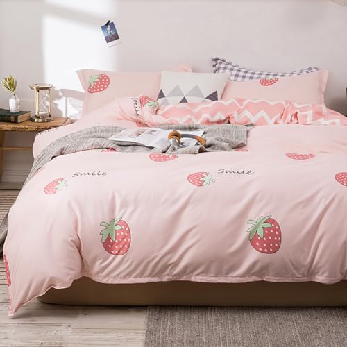 Nayoroom Bettwäsche Erdbeeren 135x200 Rosa Kawaii Style Bettbezug und Kissenbezug 80x80 cm Pink Weiß Gestreift Wende Bettwäsche Set mit Reißverschluss