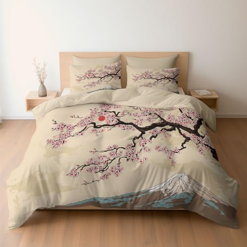 Bettwäsche Set 240 x 220 cm mit Kissenbezügen 2 x 80 x 80 Elegantes Japanisch Schneeberg Kirsche Design, Mikrofaser Bettbezüge mit Reißverschluss, Weich und Bügelfrei, Beige