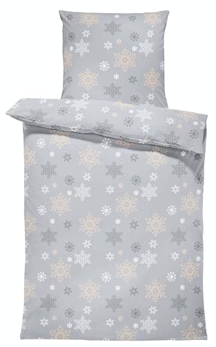 one-home Winter Biber Bettwäsche Baumwolle Kuschelig Flauschig Warme Weiche Flanell Bettbezüge Modern, Größe:2 teilig 135x200 cm, Farbe:Schneeflocken Kristalle grau