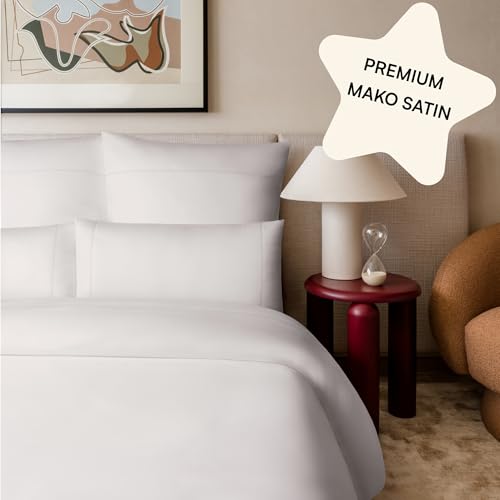 Amqua Mako Satin Bettwäsche 135 x 200 Weiß mit Stickerei| Set inkl. Kissenbezug 40x80 | Aesthetic Bettwäsche einfarbig|Hotelbettwäsch e 135x200|LUMI
