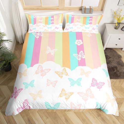 Homemissing Schmetterling Bettwäsche Set 135x200cm Regenbogen Bettbezug mit Reißverschluss Bunte geometrische Streifen Teal Pink mit 1 Kissenbezug Bettwäsche-Set