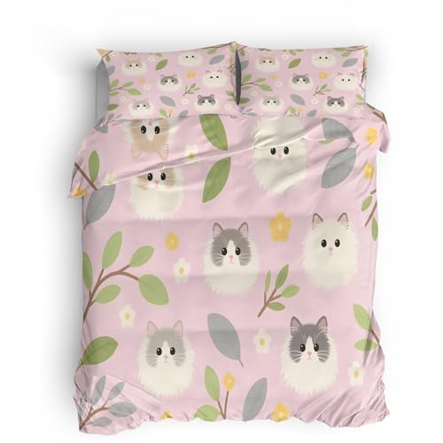 Kinder Bettwäsche 150x200 cm 3D Cartoon-Katze Doppelseitig Druck Bettwäsche-Sets 3teilig mit Reißverschluss Microfaser Bettbezug mit 2 Kopfkissenbezüge 80x80 cm