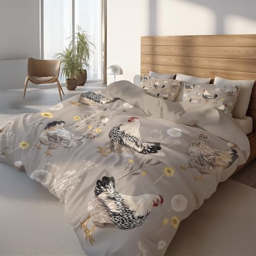 Generisch Landhaus Bettwäsche Set 140 x 200 cm, Silbergrau Bettbezug für Kinder Jugendliche und Erwachsene, Hühner Floral Rustikal Weich Flauschige Atmungsaktiv Mikrofaser Deckenbezug