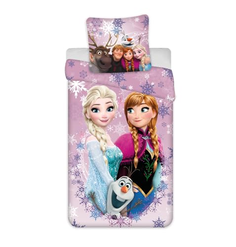 Bettwäsche Disney Eiskönigin – Elsa und Anna – Bettbezug 135 x 200 cm + Kissenbezug 80 x 80 cm – 100 % Baumwolle