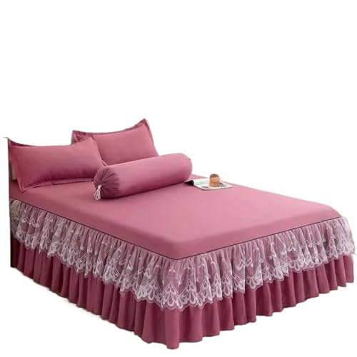 ZUGLQYSX BettschüRze Bettlaken, Spitzenrock, elastisch, Doppelbett-Tagesdecke mit Kissenbezügen, Matratzenbezug, Bettwäsche-Set, elastisches King-Size-Bettlaken FüR TäGlichen Gebrauch(Pink,King)
