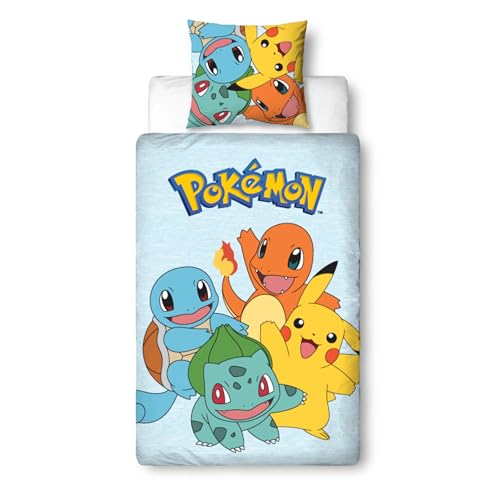 Bettwäsche Pokemon 135x200 - Kinder Gaming Geschenkidee, 1x Kissenbezug 80x80 + Bettbezug 135x200, mit Reißverschluss - Wende-Motiv - Pikachu Fanartikel Teenager Jungen und Mädchen Geschenk