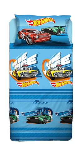 hermet Hotweels, Bettwäsche-Set für Einzelbett, Kinderbett, Bettlaken, Spannbettlaken, Kissenbezug, Hellblau, 100% Baumwolle, offizielles Produkt