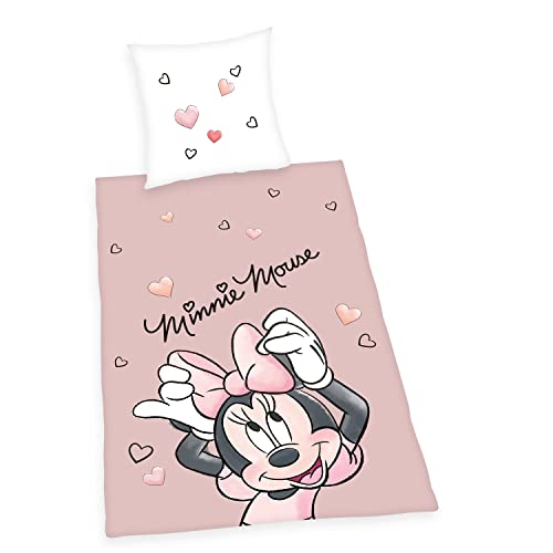Herding Disney´s Minnie Mouse Bettwäsche-Set, Kopfkissenbezug 80 x 80 cm, Bettbezug 135 x 200 cm, Mit leichtläufigem Reißverschluss, 100% Baumwolle/Renforcé, Rosa/ Weiß