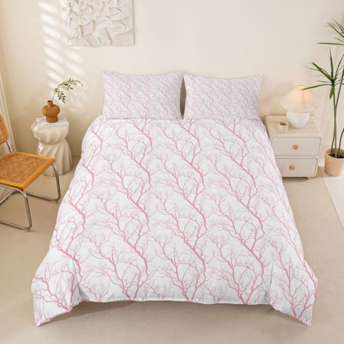 Manfei Pink Tree Zweige Bettdecke Abdeckung S Größe,Natur Dschungelbaum Bettwäsche Set Kinder Mädchen Jungen Zimmer Dekor,Rustikalisches Bauernhaus Decken Abdeckung, 1 Kissenbezug