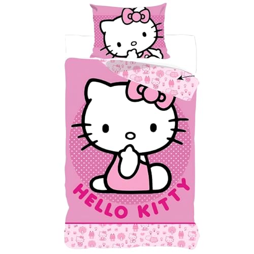 Aymax Hello Kitty Kinder Bettwäsche Set – 2-teilig – 135/140x200 cm & 60x70 cm – Mikrofaser – Wendeoptik in Rosa – Weich & Pflegeleicht