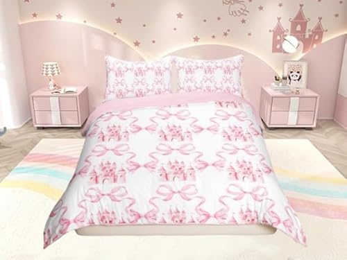 Prinzessinnenschloss-Bett wäsche-Set für Doppelbett, Aquarell-rosa Schleife, Schleife, Streifen, Bettwäsche-Set (ohne Decke), romantisches Schloss-Märchen-Bettwäs che-Set für Teenager, Rosa-Weiß,