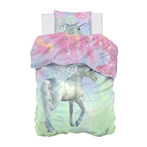 Aminata kids Bettwäsche Einhorn 135-x-200 Mädchen Kinder Baumwolle Jugendliche Teenager - Einhornbettwäsche mit Reißverschluss - Einhorn-Motiv - Kinder-Bettwäsche-Set - Pferde-Motiv, Pferd, rosa