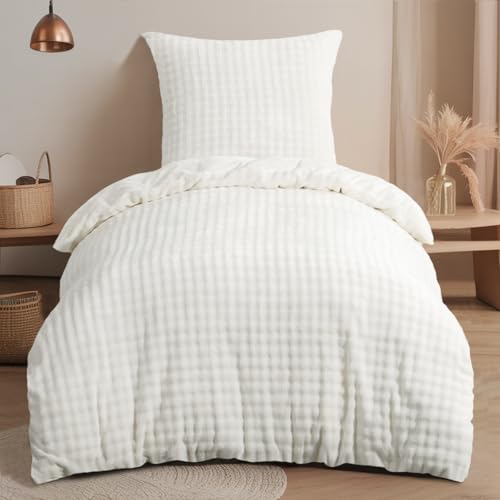 RUIKASI Winter Plüsch Bettwäsche 135x200 2teilig Weiß - WarmeKuschelig Weich Flauschige Flanell Fleece Bettwäsche Luxus Wende Bettbezug mit Reißverschluss und 1 Kissenbezug 80x80cm