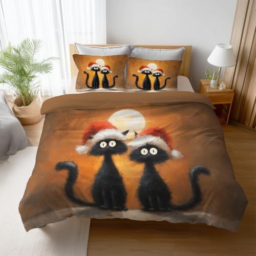 Generisch Bettbezug Set Ultraweich Bettwäsche-Sets Anti-Falten und Pflegeleicht Bettwaren & Bettwäsche 140 x 200 cm 2teilig Mit Kissenbezug Angesagte Muster Orange Cartoon Weihnachten Katze