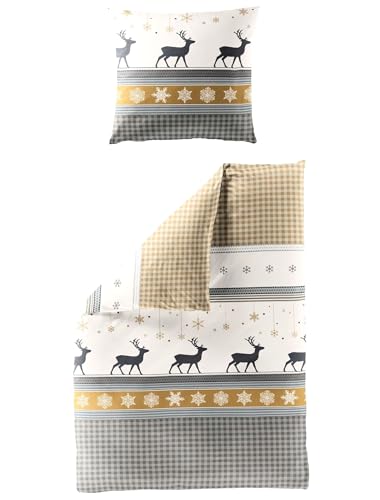 Bierbaum Biber Bettwäsche 2 TLG. 135x200cm Hirsche +Sterne Ocker Gold Creme Grau Anthrazit