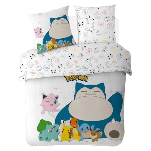    Housse de couette Pokémon 1ère génération 2 personnes + 2 Taies d'oreiller 63x63   100% Coton Popeline   Blanc