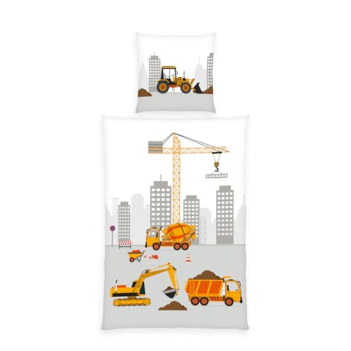 Baustelle Bettwäsche, Kopfkissenbezug ca. 80x80 cm, Bettbezug ca. 135x200 cm, mit leichtläufigem Markenreißverschluss, 100% Baumwolle, Renforcé