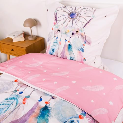 Traumfänger Bettwäsche Set 2-teilig Flanell - Wendebettwäsche Rosa aus 100% Baumwolle - Deckenbezug 135x200 und Kissenbezug 80x80 cm mit Reißverschluss - kuschelig weich, Ökotex zertifiziert
