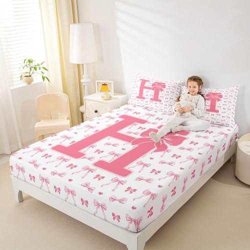 Anfangsbuchstabe H Einbaublech S Größe Rosa Kawaii Bogen Bettdeckung, 1 Kissenbezug Träumige Prinzessin Buchstabe Bowknot Bettwäsche Set für Jungen