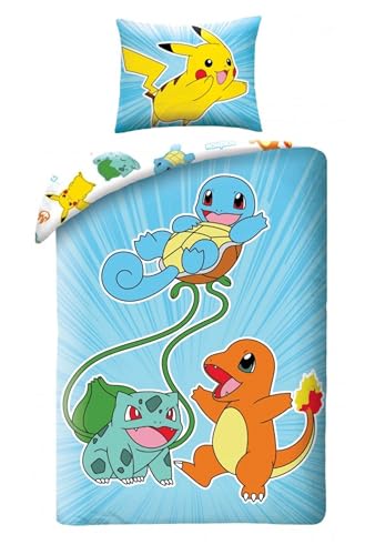 Kinder Bettwäsche Wendebettwäsche Kinderbettwäsche Öko-Tex Bettbezug 140x200 und Kissenbezug 70x90 Pokemon mit Pikachu, Glumanda, Schwertkäfer und Bulbizarr