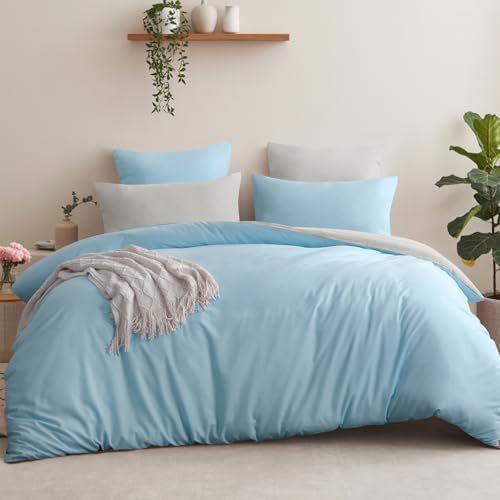 Aisbo Bettwäsche 200x220 3teilig Hellblau Beige - Bettwäsche Sets 1 Bettbezug 200x220 cm + 2 Kissenbezüge 80x80 cm, ÖKO-TEX Wendebettwäsche Weich Mikrofaser mit Reißverschluss