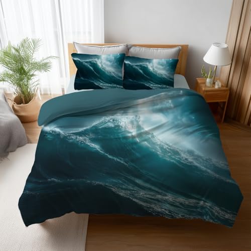 Traumhaft weiches Bettwäsche 135 x 200 cm, Maritim Stürmisches Meer Wellen Langlebig Maschinenwaschbar Bettwäsche Set mit Wendemotiv für Spielzimmer, Mitternachtspetrol, 2er Set mit Kissenüberzug