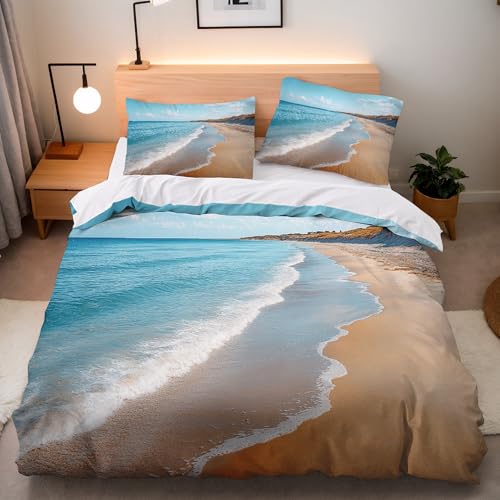 Generisch Bettbezug 135x200 Set Meer Inseln Motiv Bettwäsche 135x200 3-teilig Blauer Himmel Landschaft 3D Druck Mikrofaser Bettbezügen mit 2 Kissenbezügen 80x80 cm und Reißverschluss Eckbänder