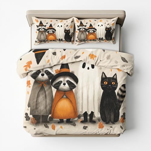 NIYAKA Bettwäsche 155x220 Halloween, Katze Geister Waschbär Bettbezug 155 x 220 3 Teilig, Weich mikrofaser Bettwäsche Set mit Reißverschluss und 2 Kissenbezüge 80x80cm, Schlafzimmer Deko