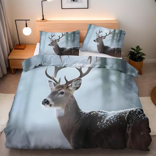 Buohwiwe Bettwäsche 140x200 Elch Bettbezug 140 x 200 cm 3 Teilig Wendebettwäsche 3D Wilder Hirschwinter Weich Mikrofaser Bettwäsche-Sets mit Reißverschluss und 2 Kissenbezüge a/3447