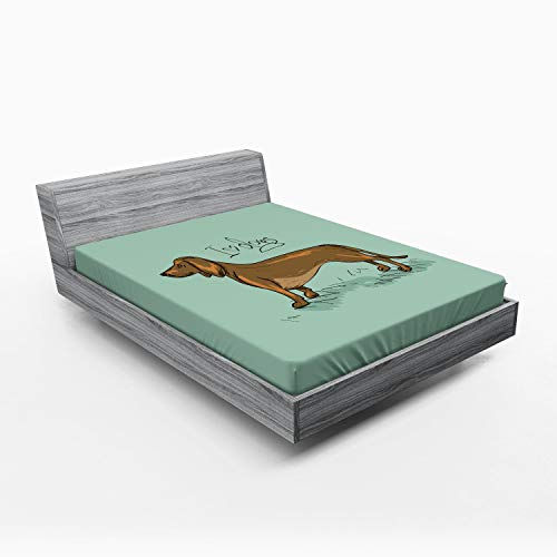 ABAKUHAUS Dackel Spannbetttuch, Detaillierte Welpen-Entwurf, Soft Dekorativer Stoff Bettwäsche Rund-um Elastischer Gummizug, 140 x 200 cm, Türkis Braun Schwarz