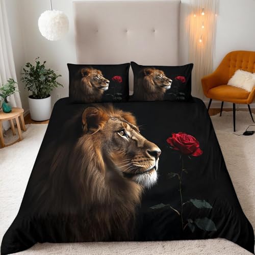 Brauner Löwe Bettwäsche 135x200 3D Drucken Rosen Bettwäsche-Sets Weiche Kuschelig Mikrofaser Bettbezug mit 2 Kissenbezüge 80x80 cm mit Reißverschluss G.1135