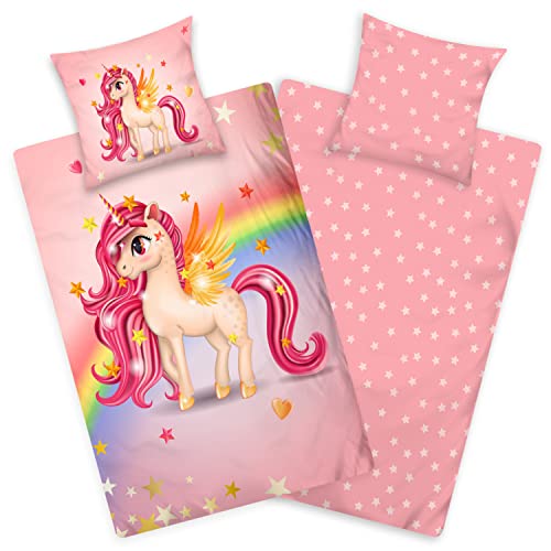 Aminata kids Bettwäsche Kinder 135x200 Mädchen Einhorn Baumwolle rosa pink mit Reißverschluss mit Regenbogen - Tier-Motiv Pferd - Wende Kinderbettwäsche für Einzelbett