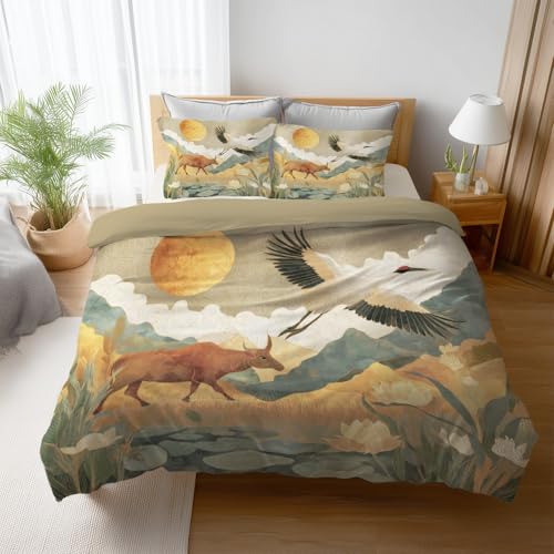 Atmungsaktiv Bettwäsche 200 x 200 - Hell Bügelfrei Farbbeständig Bettwäsche Sets - Bettbezug(200 x 200)+ Kissenbezüge - Für Allergiker Geeignet Orientalisch Abstrakt Ochse Kran