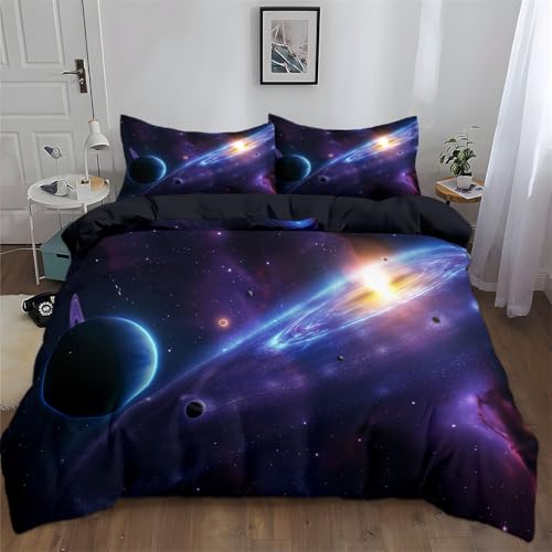 Bettwäsche 135 cm x 200 cm Fantasie Leuchtende Sterne Schwarz, Weich Atmungsaktiv Bettwäsche-Set 3teilig mit Reißverschluss, Bedruckter Wende Bettbezug Set für Schlafzimmer Dekoration