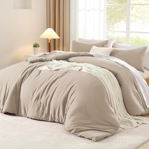 Luofanfei Baumwolle Bettwäsche 200x220 Beige Khaki Taupe Einfarbig Muster Renforce Baumwollbettwäsche Premium Uni Modern Weiche Bettbezuge und Kissenbeüge 80x80 cm mit Reißverschluss